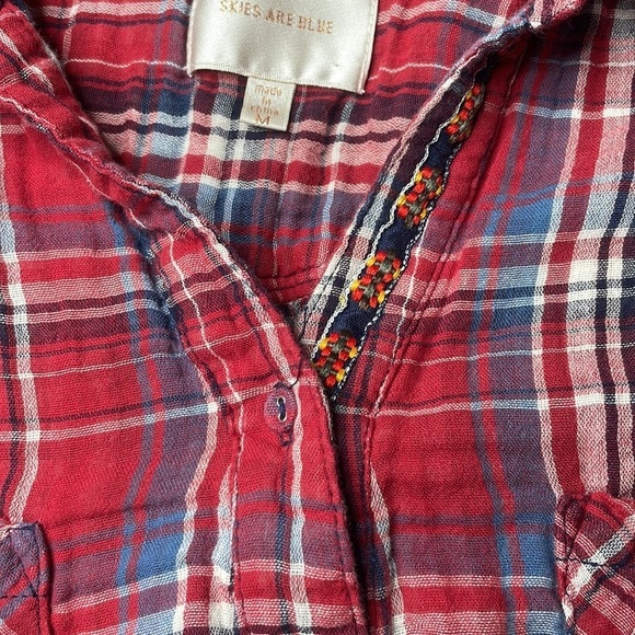Skies are Blue Women’s Red White Blue Plaid Button Down Shirt, size medium - Picture 3 of 10